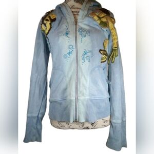 💎 RARE Free People Bird Patch Hoodie Distressed Blue NWOT